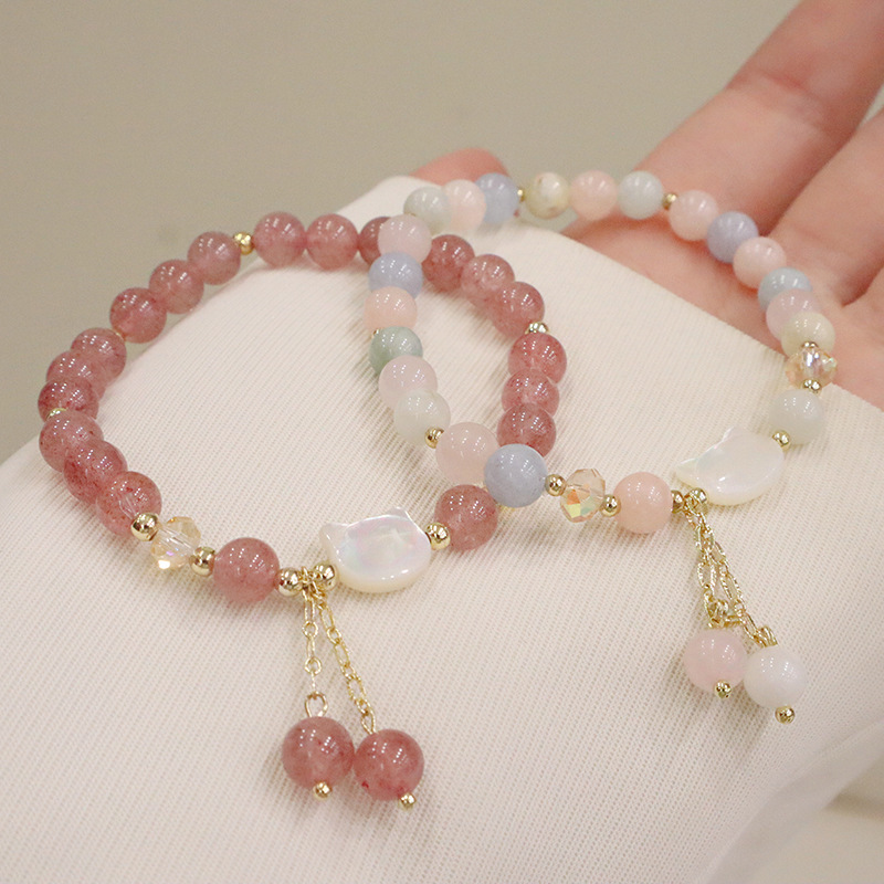 Natural Crystal Bracelet Women's Design Sense Strawberry Crystal Niche Bracelet Strawberry Crystal Morganite Bracelet Shell Cat