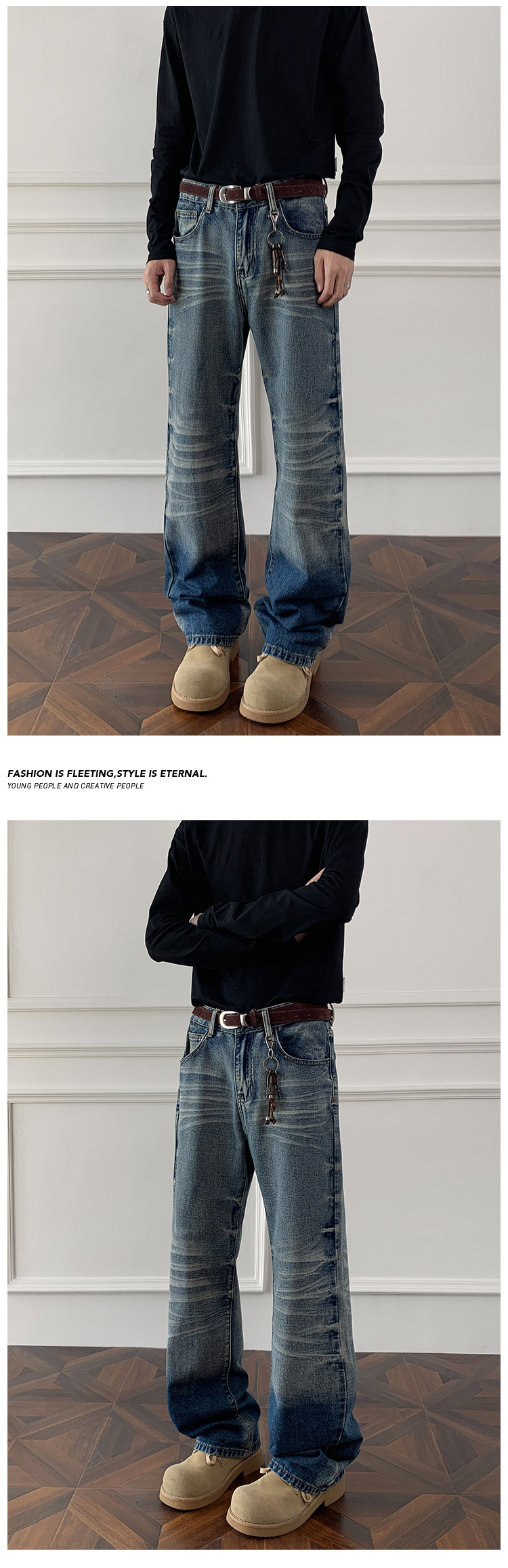 ​​Cleanfit Cat Whisker Fade Jeans For Men - Retro Straight-Leg Denim Pants With Gradient Wash (Blue/Black, M-5XL)​​_voghion.com