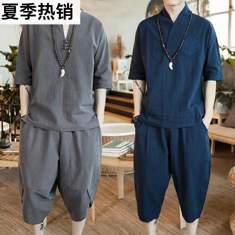 Primavera y verano de los hombres estilo chino retro Tang traje de camiseta de manga corta para hombres traje suelto de gran tamaño Hanfu traje de dos piezas para hombres