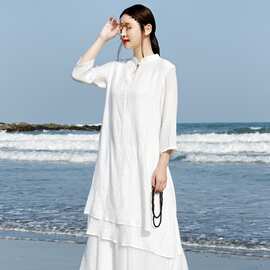 中式女装连衣裙棉麻双层长款禅服茶服会议工作服养生冥想居士打坐