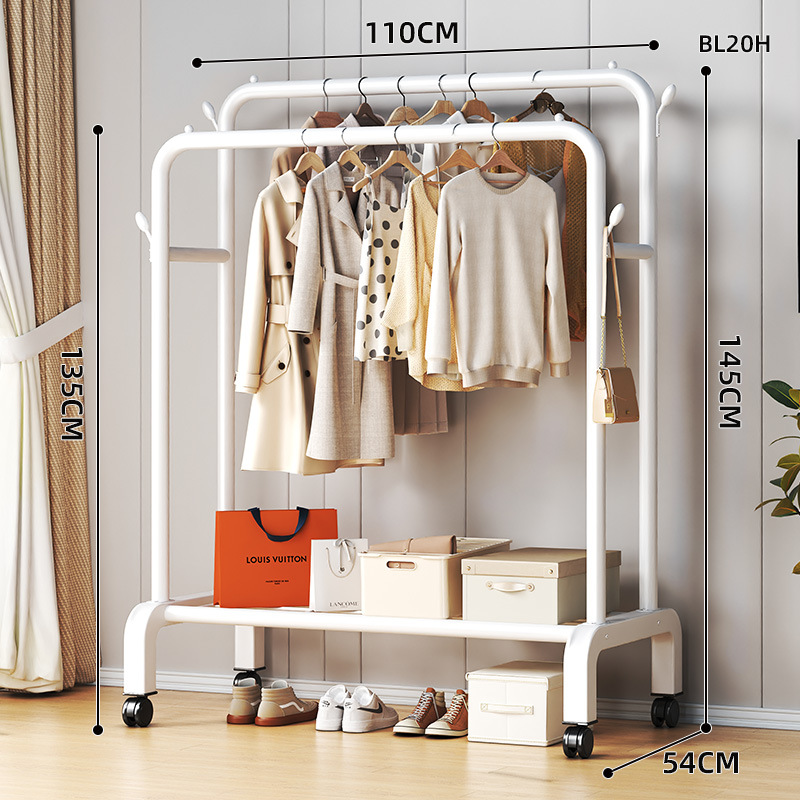 이중 극 110cm 흰색 바퀴가 달린 수납 선반 옷걸이 4개