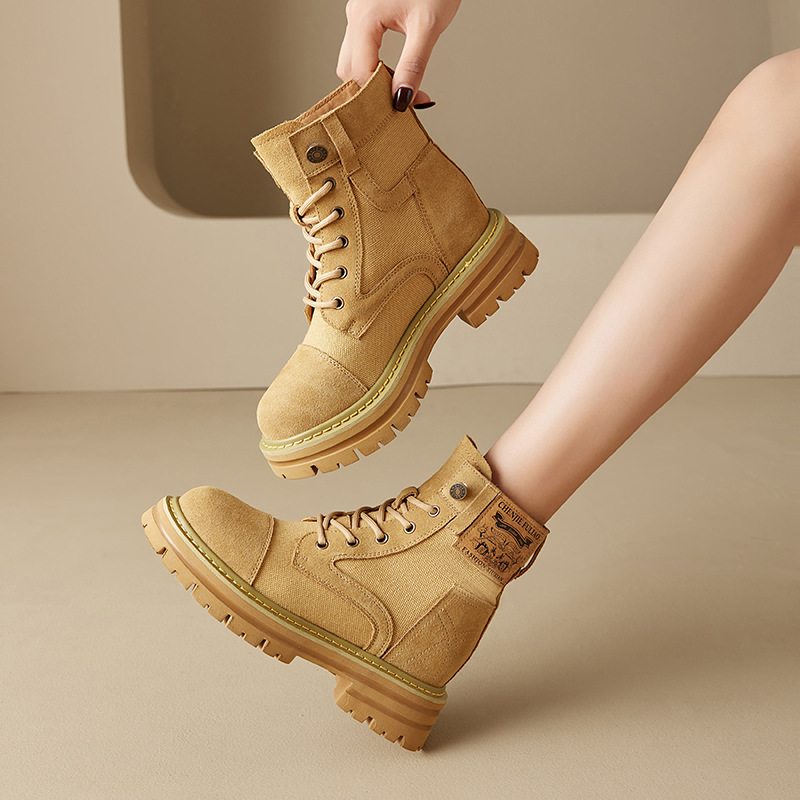 Genuine Leather Summer Thin Thick-soled Martin Boots Women's 2024 New Inner Height Increasing Canvas Desert Single Boots for Climbing Tourist