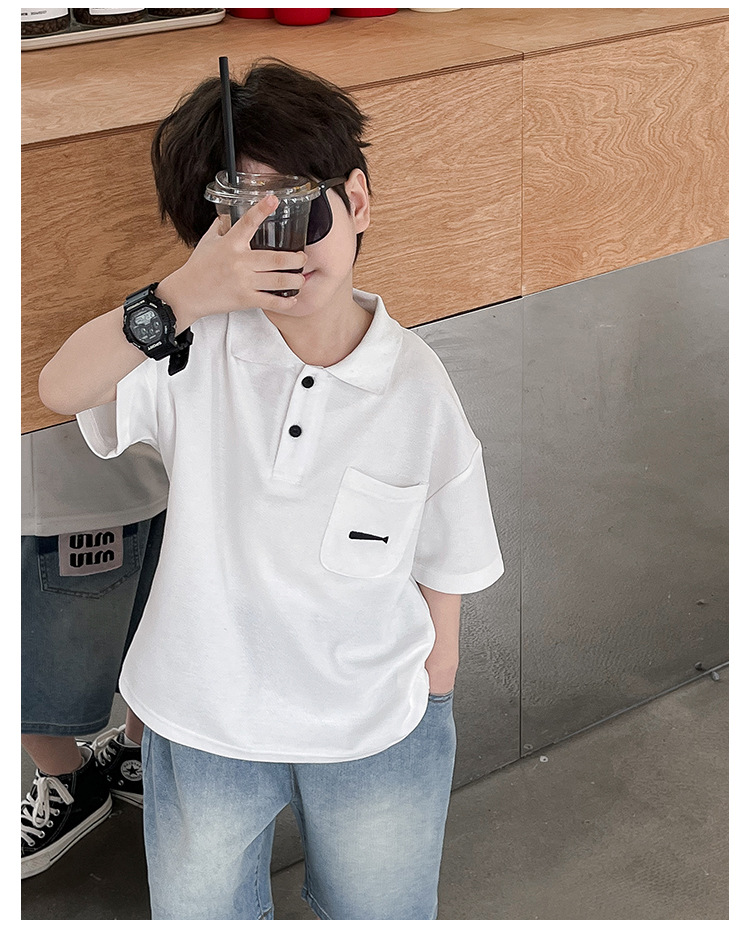 New 2024 Summer boys' polo shirt embroidered fish waistcoat short sleeve casual style summer refreshing handsome top