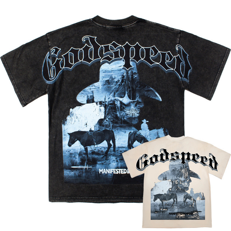 26 Cross-Border American Street Hip-Hop God Series Wrangler Print Short-Sleeve T-Shirt, Washed and Distressed Vintage Tee