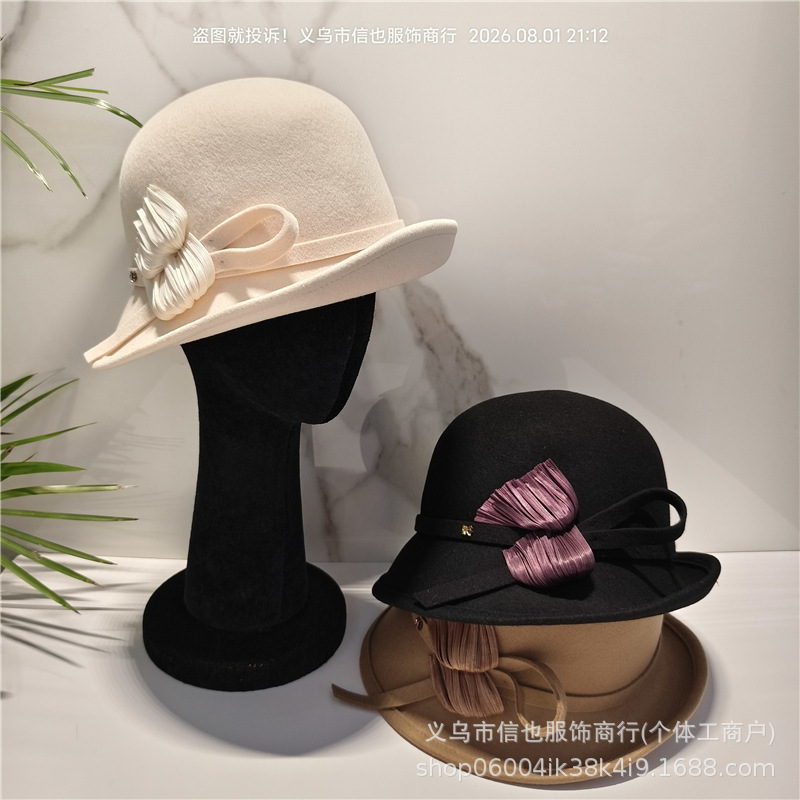 Gentle floral bow wool hat, elegant rolled-brim bucket hat, Korean-style stylish bucket hat, face-slimming fisherman hat Gentle floral bow wool hat, elegant rolled-brim bucket hat, Korean-style stylish bucket hat, face-slimming fisherman hat