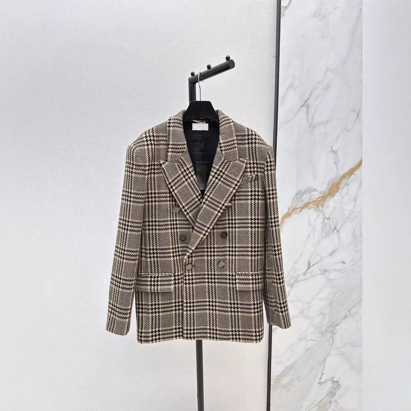 Shenzhen Nanyou 25 Autumn and Winter Fashionable Retro Contrasting Houndstooth Pattern Lapel Double-Breasted Woolen Suit Jacket for Women