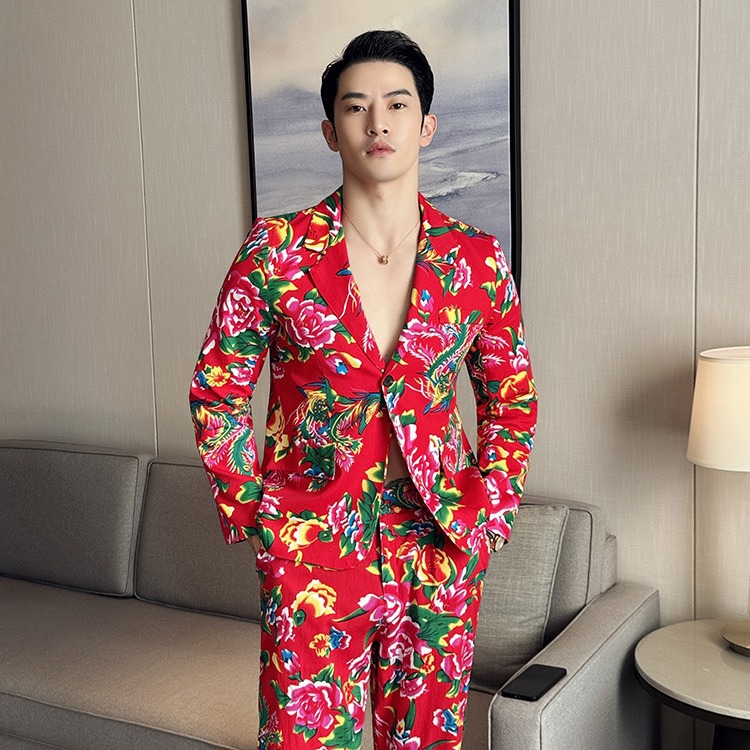 New northeast big flower online celebrity men's fashion suit suit national fashion ruoshuai fried street suit stage performance clothing