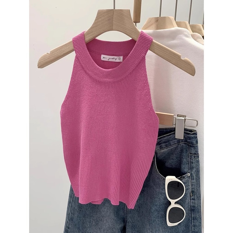 Dopamine Whitening Halterneck Round Neck Knitted Vest for Women to Wear Outside to Cover Breasts, Bottoming Top, Summer Sleeveless Suspender Belt Dopamine Whitening Halterneck Round Neck Knitted Vest for Women to Wear Outside to Cover Breasts, Bottoming Top, Summer Sleeveless Suspender Belt