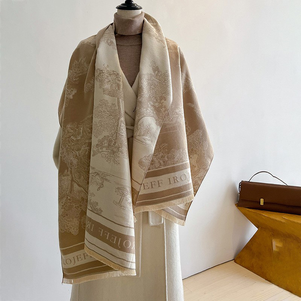 Jacquard Landscape Painting Cashmere Scarf For Women's Office Air-conditioned Room Thick And Warm Long Trendy Scarf_voghion.com