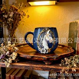 跨境宫廷风镶钻马头浮雕马克杯 轻奢华丽马术主题桌面杯