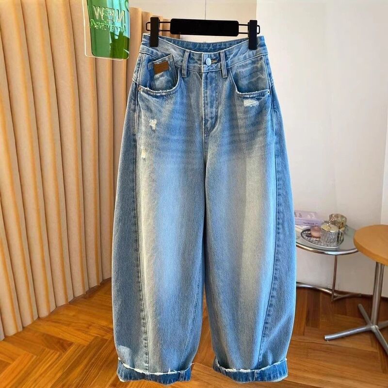 Plus-Size Washed Distressed Wide-Leg Jeans for Women, New Spring Style, Loose Fit, Versatile, Drapey, Casual, Floor-Length Harem Pants