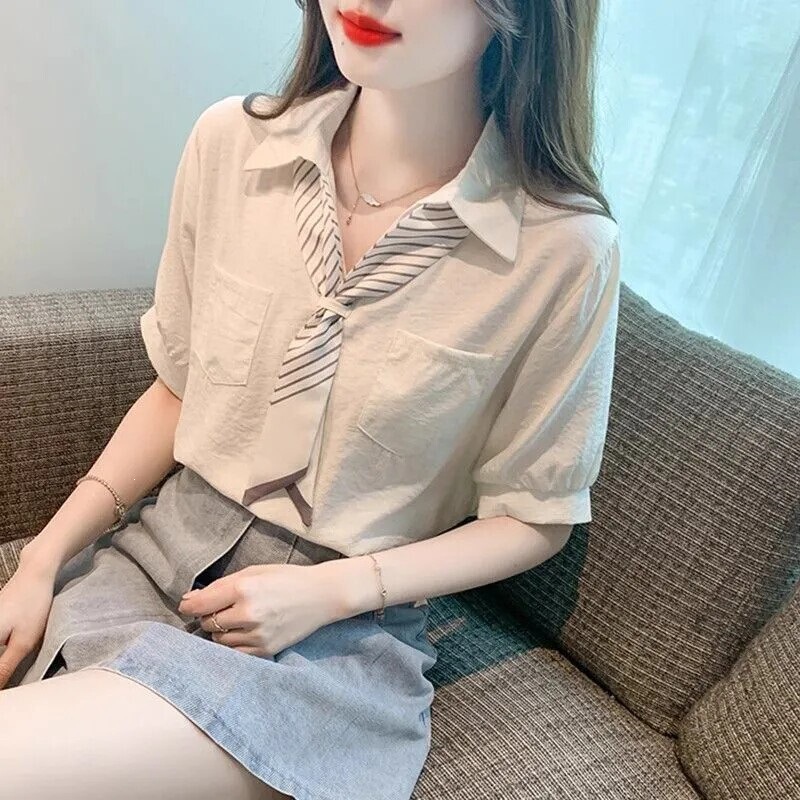 High-End French-Style Tie Shirt for Women, Short-Sleeve Chiffon Top, 2026 New Summer Model, Slim-Fit Shirt