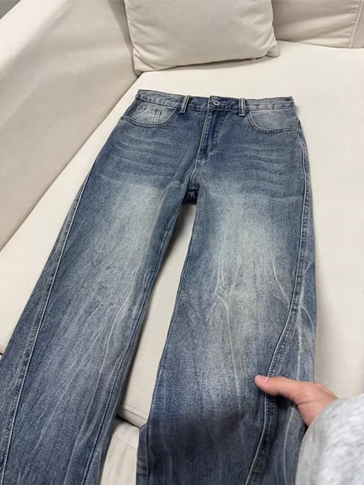 Men's Straight Leg Jeans Washed Lightning Design Clean Fit_voghion.com