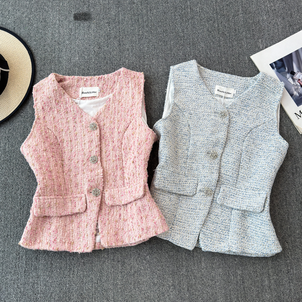 Pink V-Neck Vest for Women, Summer, High-End, Petite, Woven, Elegant, Sleeveless Vest