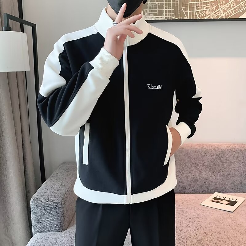 New autumn coat men's jacket slim fit stand up collar youth fashion trend contrasting color cardigan zipper casual_voghion.com