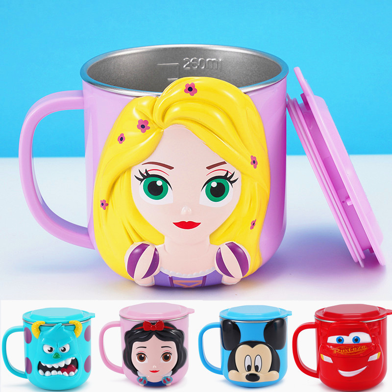 Taza de acero inoxidable para niños de Disney Taza de agua para niños Taza de agua para bebés Taza de leche casera anticaídas Set de cubiertos para bebés