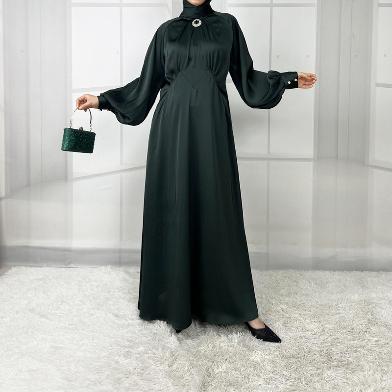 New Fashion A- line dress Robe Long Dress Women's Lantern Sleeve Diamond Cross-border Satin Ethnic Costume 4734