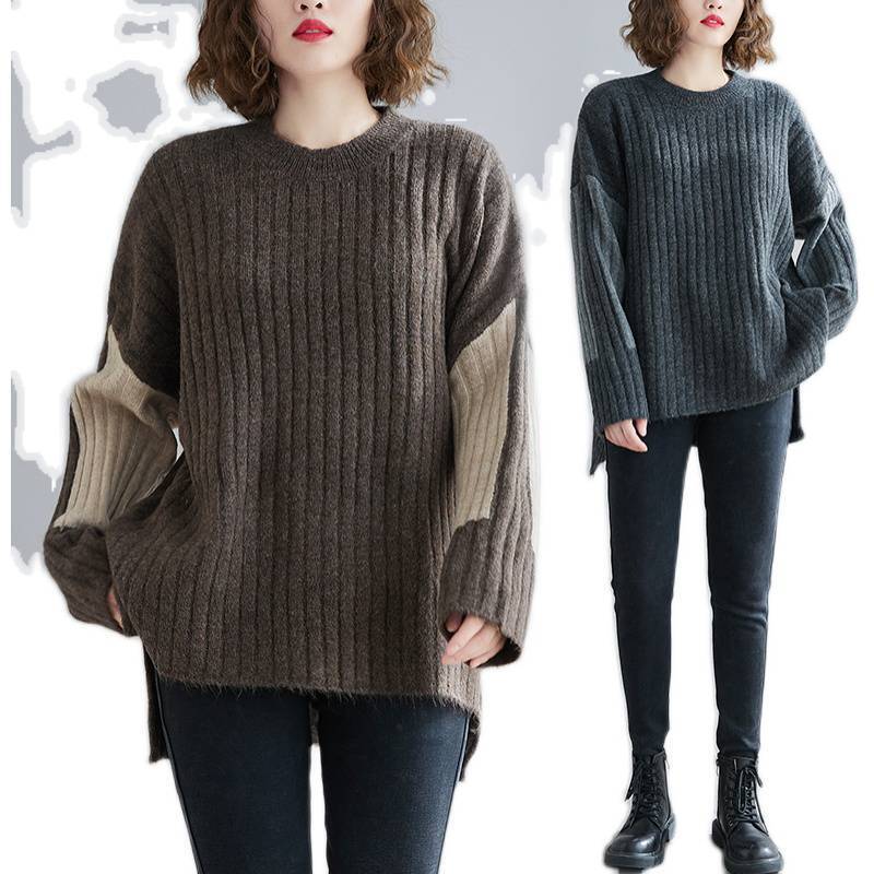 Real shot winter plus size round neck casual sweater elbow color matching fat loose slimming sweater for women