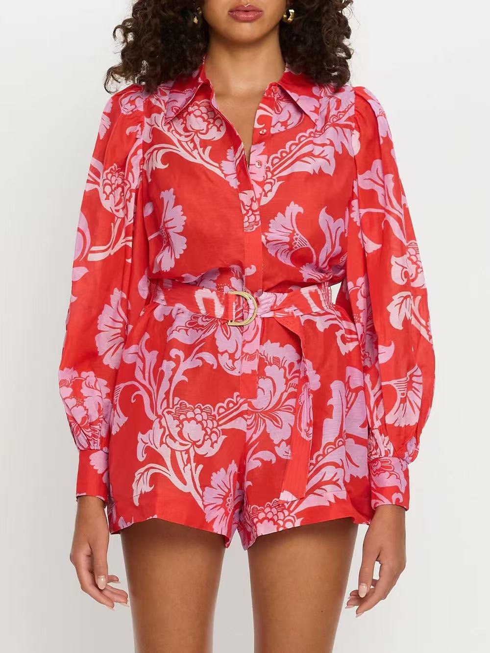 Red Boho Print Long Sleeve Romper
