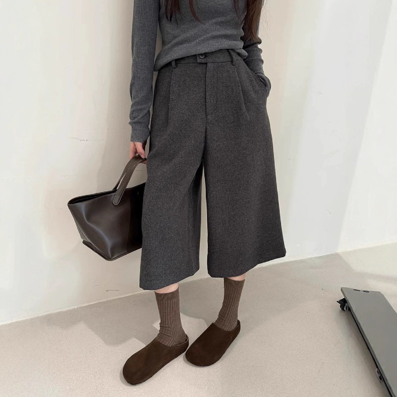 Thirteen Lines Quality Autumn Woolen Cropped Wide-Leg Pants 2026 New High-Waisted Loose Retro Straight Cropped Pants