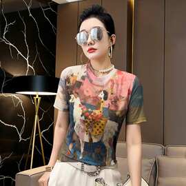 白马印花网纱短袖T恤女2026夏季超火减龄时尚显瘦气质烫钻上衣潮