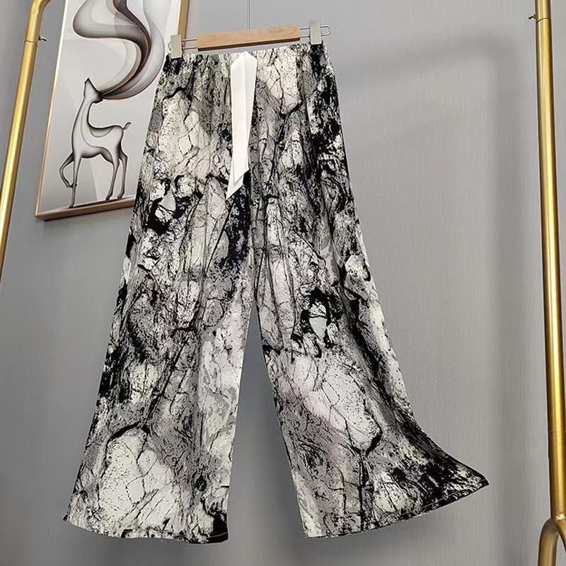 Pijama de seda de algodón para mujer, pantalones anchos de mujer embarazada de seda de algodón con estampado fino de verano