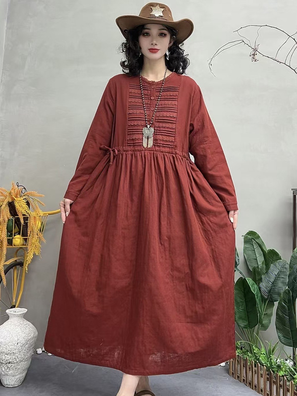 2026 Spring Collection Real Shot Plus Size Women's Cotton Linen Long Pleated Dress with Waist Cinching and Double Layered Tulle 2026 Spring Collection Real Shot Plus Size Women's Cotton Linen Long Pleated Dress with Waist Cinching and Double Layered Tulle
