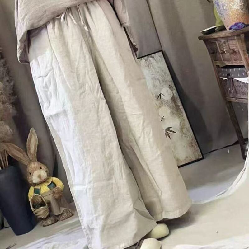 2025秋季 韩版宽松文艺简约砂洗亚麻双层阔腿裤百搭休闲裤女2591C|undefined