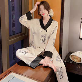 睡衣女2022年春秋冰丝长袖双排扣套装可外穿冬季大码家居服轻奢