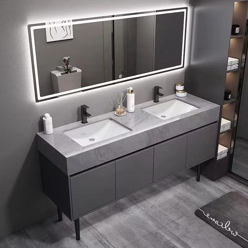 Double Basin Bathroom Cabinet | Floor-Standing Artificial Stone Combination Unit | Minimalist design | Suitable for Public Restrooms