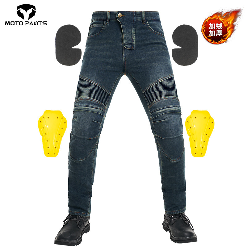 Factory Direct Sales Winter Cycling Jeans Kevlar Wear-Resistant Plus Velvet Men's Anti-Fall Motorcycle Pants Knee Pad Zipper