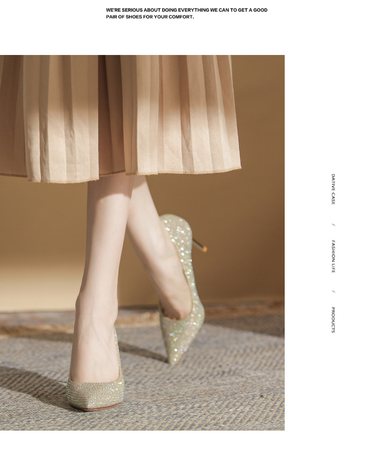 2024 New Water Diamond High Heels Women's Wedding Shoes New Versatile Bright Diamond Women's Shoes Hot Diamond Pointed Thin Heel Shoes_voghion.com