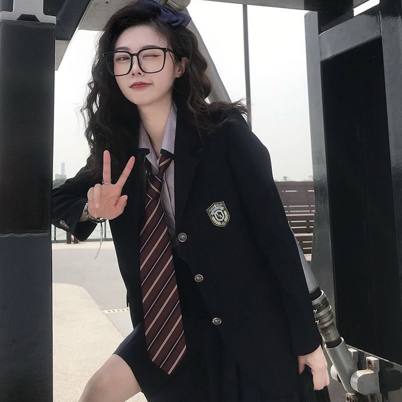 原创jk制服裙正版西装外套秋冬季新款学院风绀色西服套装三件套女