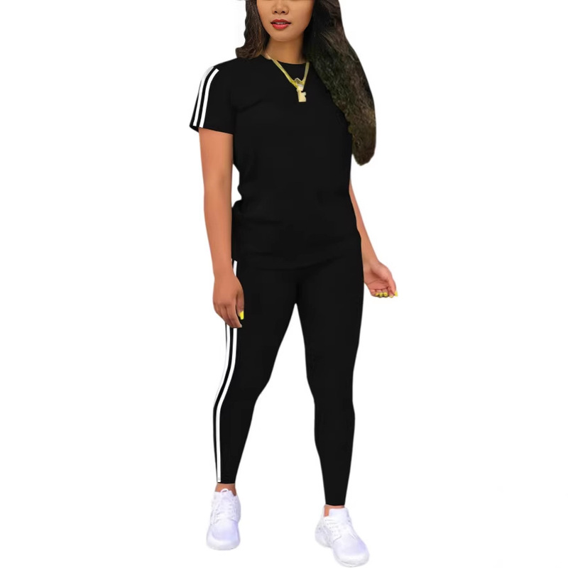 Amazon Cross-Border New Southeast Asian Women's Casual Sports Suit Solid Color Short-Sleeved Top and Long Pants Two-Piece Set