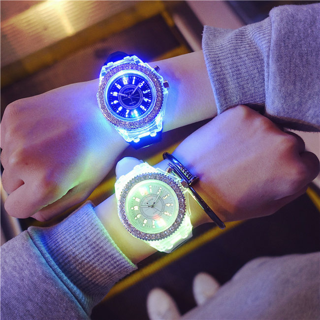 Luminous luminous personality rhinestone led Harajuku Korean fashion trend men and women students couple jelly quartz watch_voghion.com