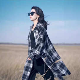 100纯羊毛秋冬新加厚复古格子衬衫大衣女外套长款大衣翻领宽松版