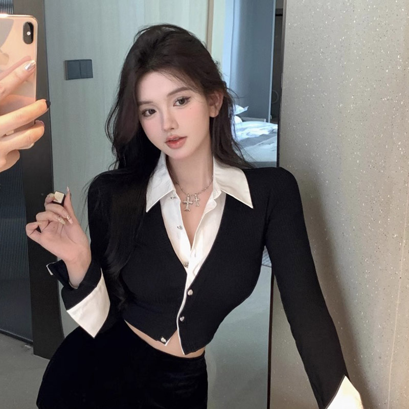 Official Picture Real Price Fake Two-Piece Long-Sleeved Shirt Spring & Fall New Sexy Design Niche Slimming Look Short Top