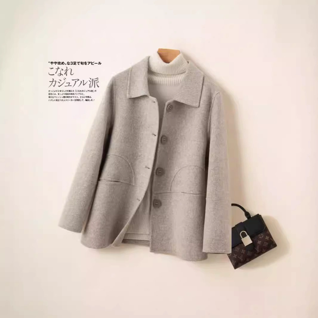 Осенний и зимний сезон двухсторонний кашемировый пальто женский короткий кукольный воротник сплошной цвет высокого класса маленькая шерстяная шерстяная куртка