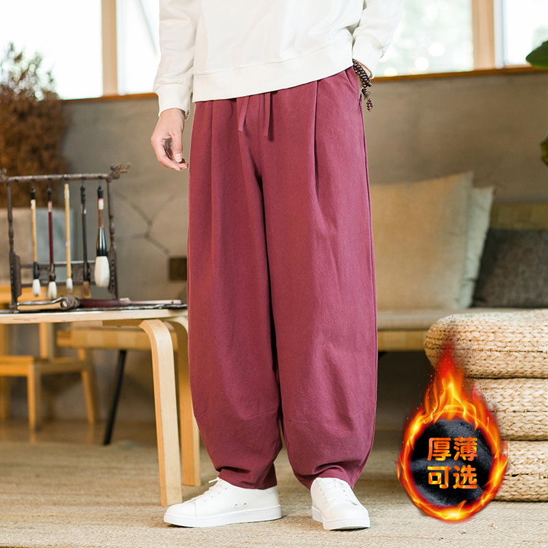 2023冬季新款男士复古长裤加绒加厚直筒哈伦裤中国风棉麻灯笼裤