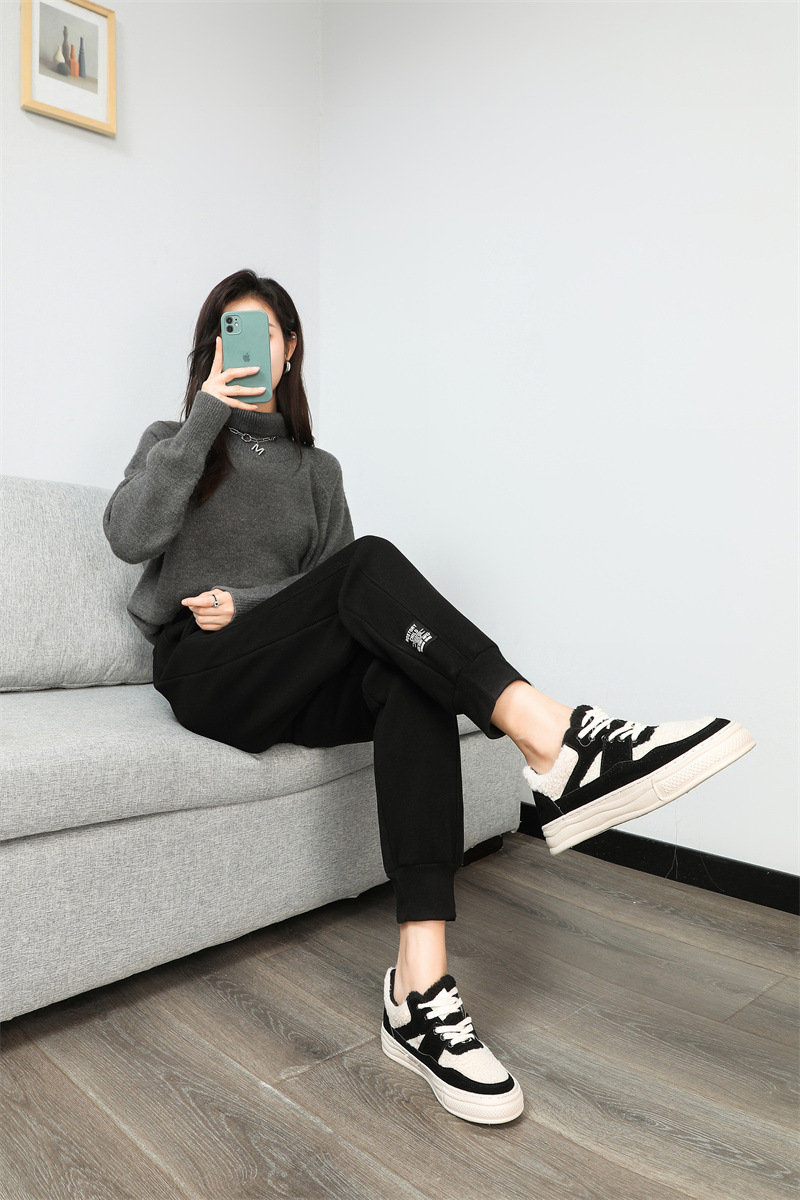 法米姿 羊羔绒运动加绒裤女新款加厚卫裤高腰显瘦束脚休闲裤哈伦