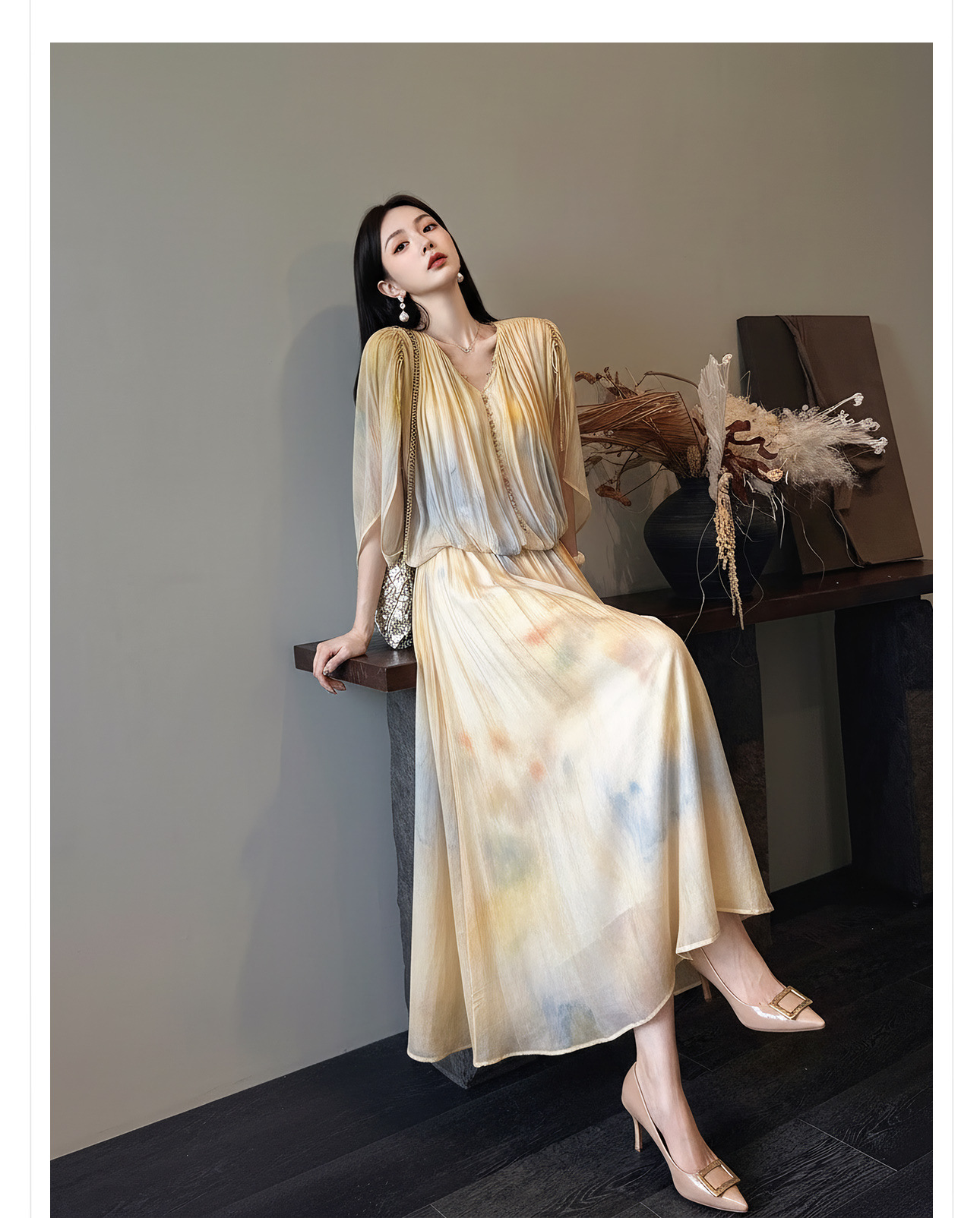 Đầm maxi nữ thắt eo họa tiết chìm gradient cao cấp — Gạo màu chi tiết 2