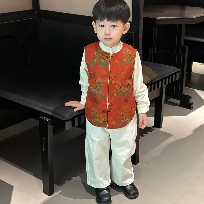 男童新中式古风马甲套装2025春秋中小童长袖衬衫休闲裤子三件套潮|undefined
