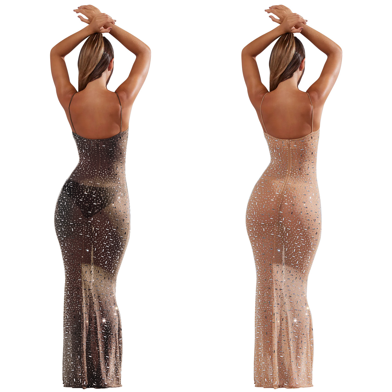 C6726 transfronteriza AliExpress Amazon europeo y americano de moda de las mujeres de color sólido de malla rhinestone vestido de la correa del vestido