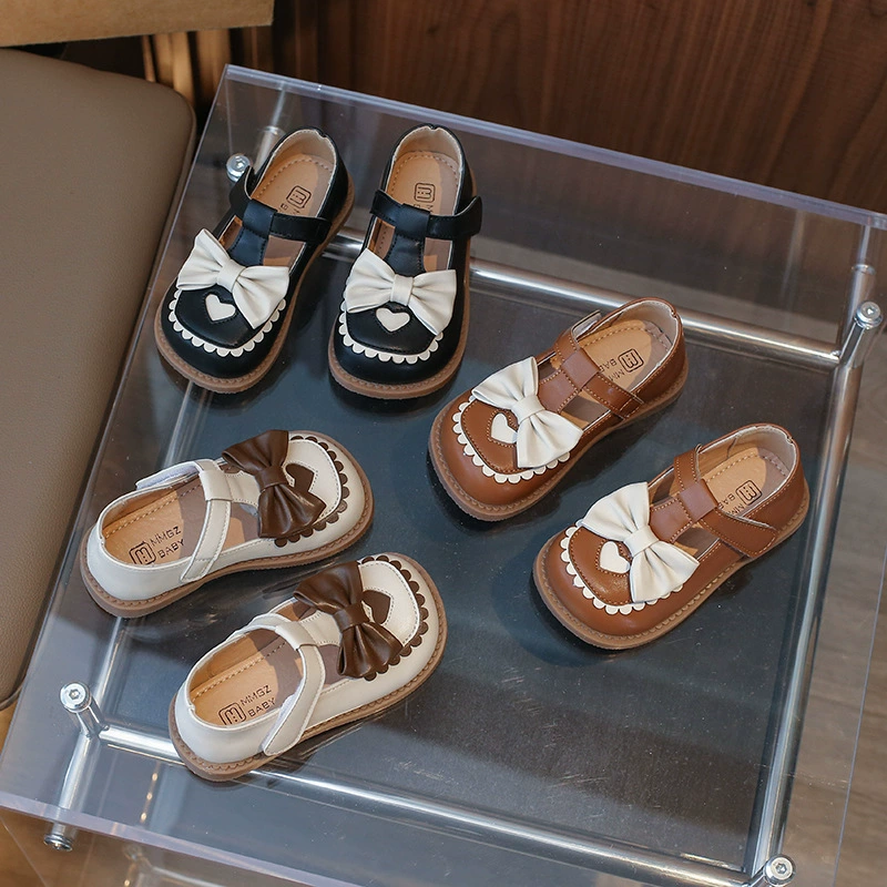 Детская кожаная обувь 2024, весенняя обувь в Корейском стиле для девочек, детская обувь в стиле ретро с милым бантом, Детская Удобная работа
