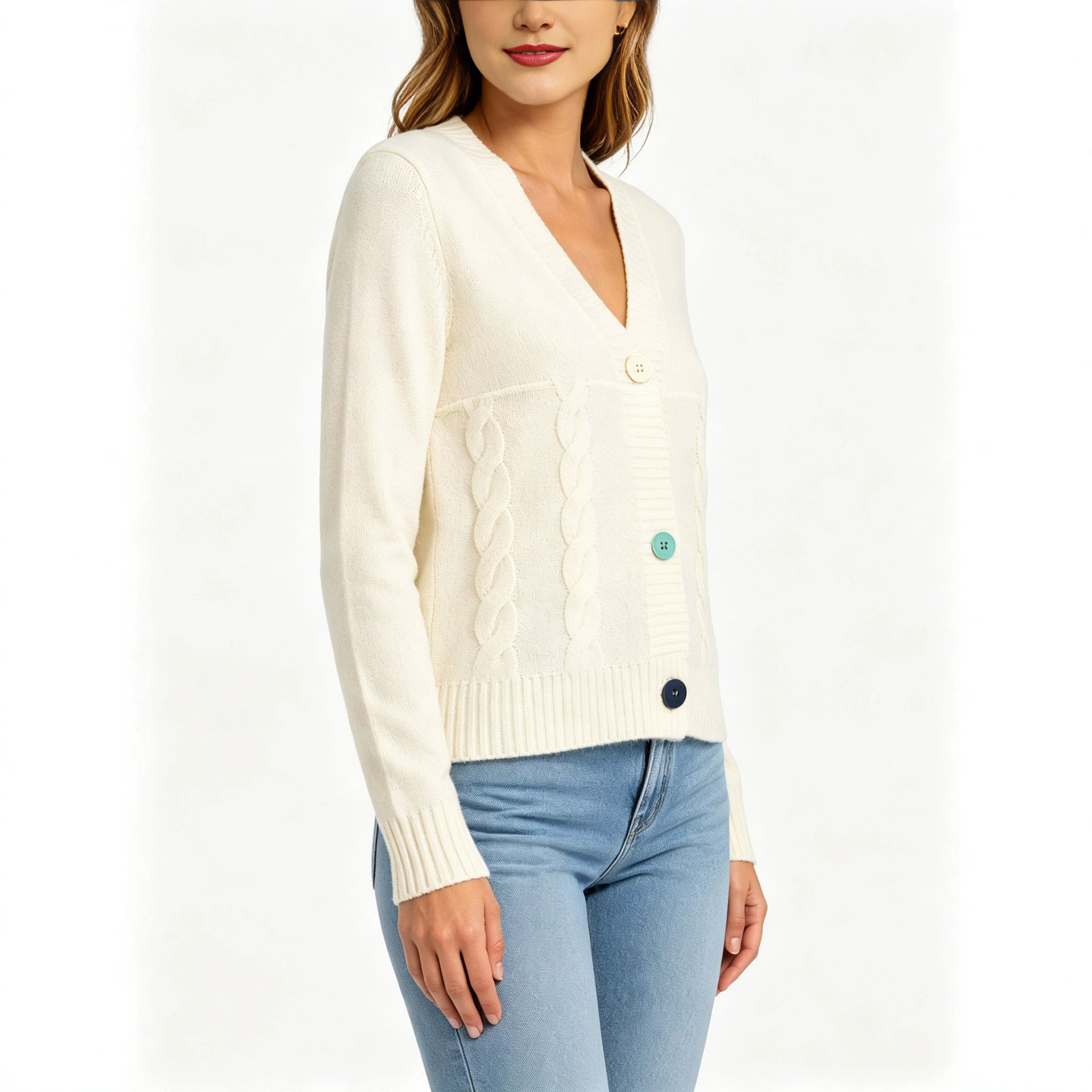 Colorful buttons V-neck twist knitted cardigan women's short soft waxy long-sleeved sweater coat autumn and winter versatile top