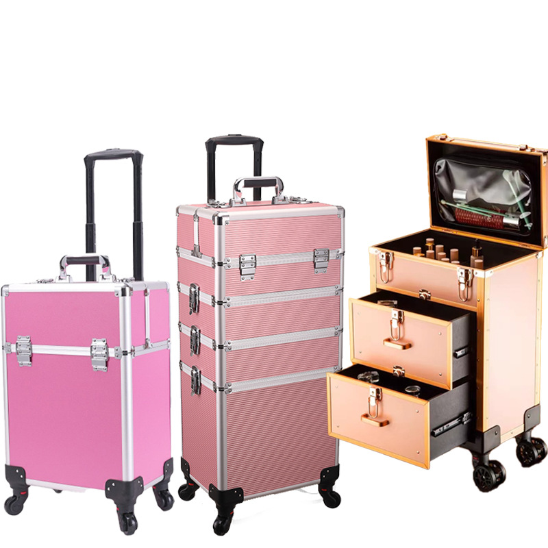 Caja de maquillaje multifuncional portátil de gran capacidad de varilla de tracción, maquillaje profesional de uñas, varios tipos de caja de herramientas de almacenamiento