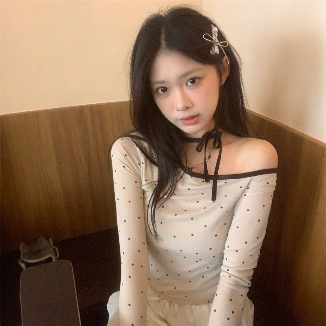 时尚吊带绑脖长袖短款网纱修身波点新款春秋季韩版气质微透性推荐