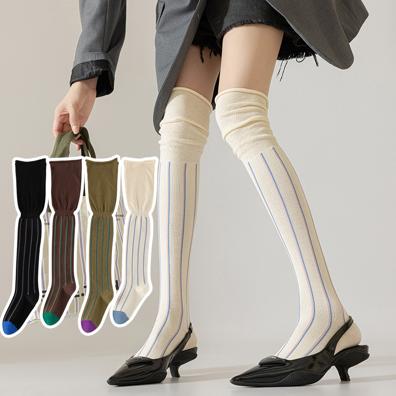 2025d Thigh High Socks For Women, Over-the-Knee Long Socks, Runway Style, Ins Vertical Stripes, Loose Mouth, Niche Slimming,_voghion.com