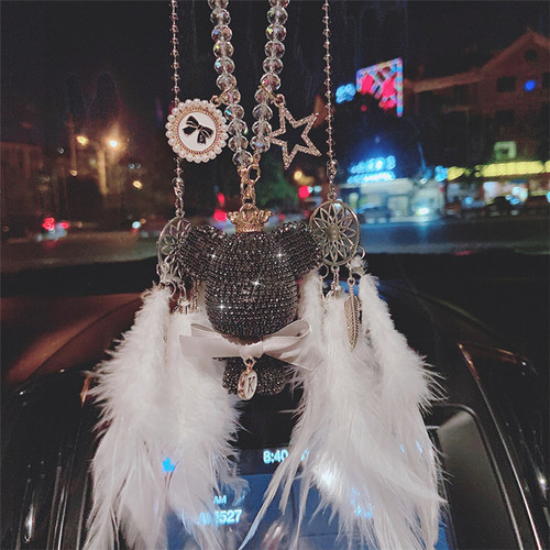 Car Ornament Feather Creative Personality Diamond-embellished Large-headed Violent Bear Car Rearview Mirror Decor Fashion Cute Lady
