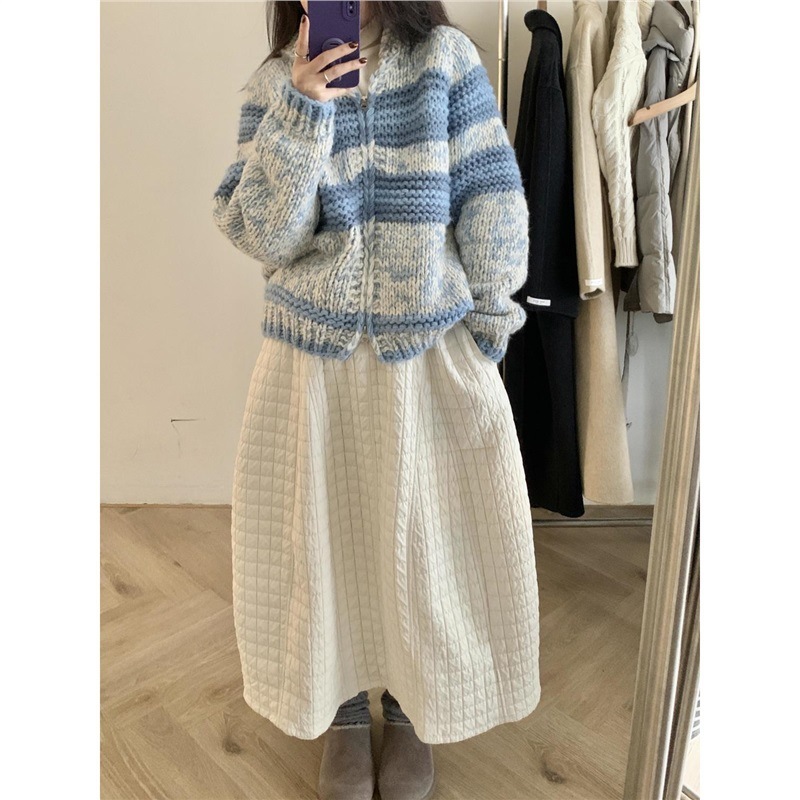 2025秋冬新款复古慵懒风翻领拉链粗线毛衣开衫女宽松加厚针织外套|undefined